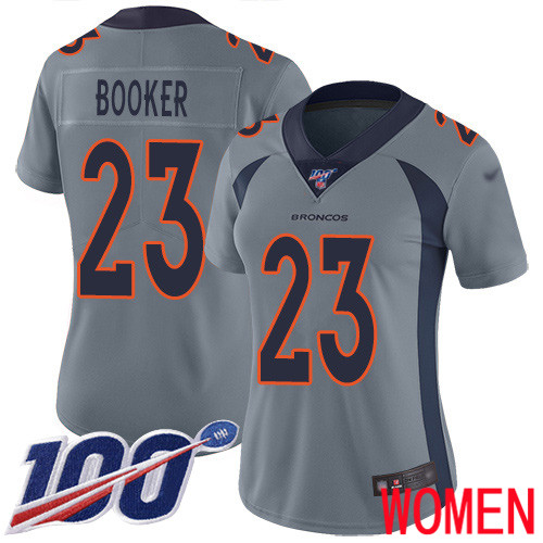 Women Denver Broncos #23 Devontae Booker Limited Silver Inverted Legend 100th Season Football NFL Jersey